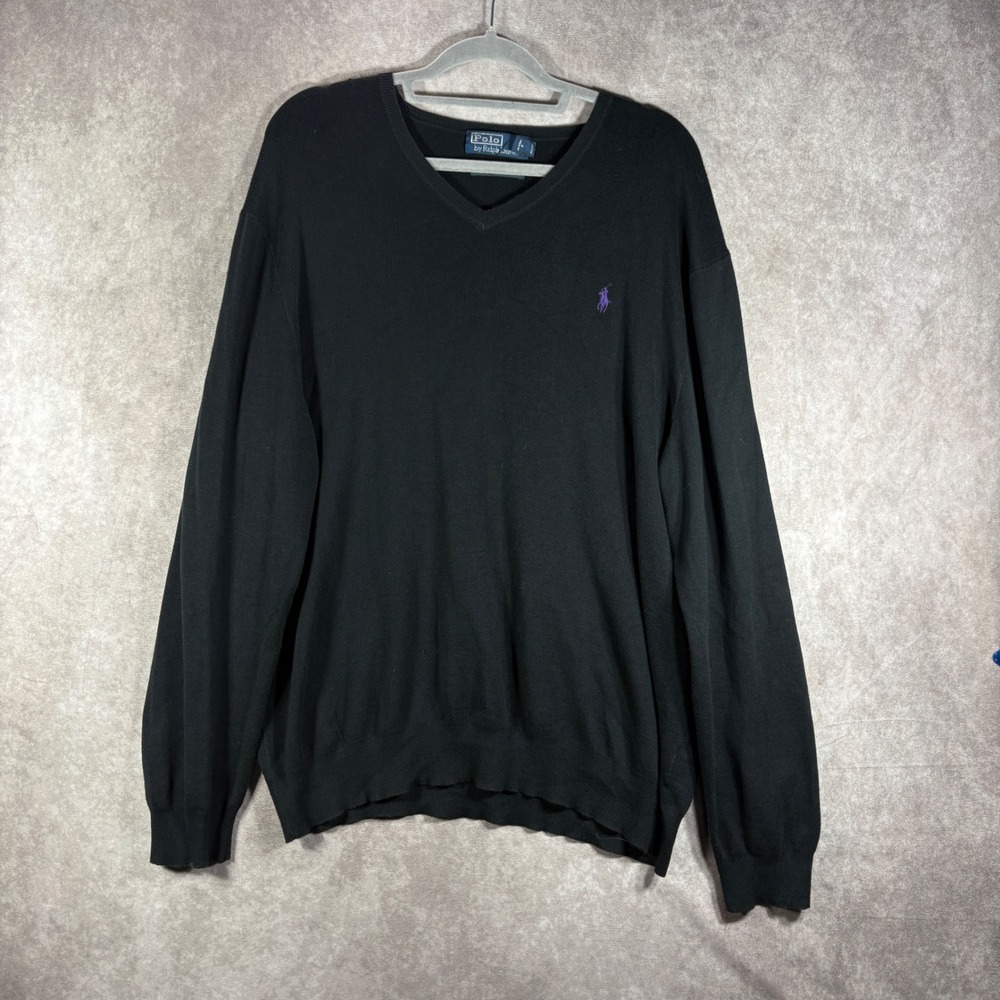 Polo Ralph Lauren Sweater Men XXL Black V-Neck Pullover Pima Cotton Pony Logo
